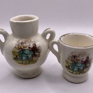 Vintage/Retro Tiny Ceramic Jar and Cup portraying couple with silver rim